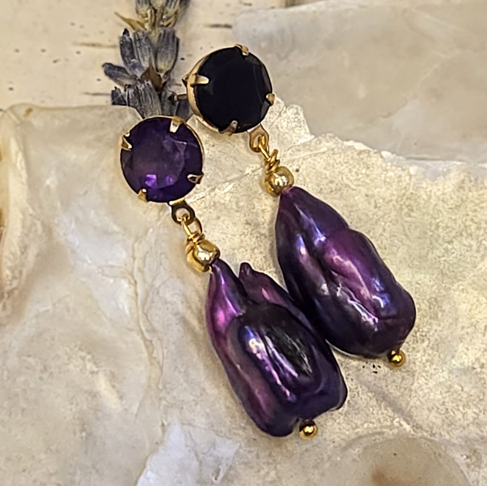 Natural Amethyst 4 Total Carats & Purple Baroque Pearls In Gold Plated Earrings